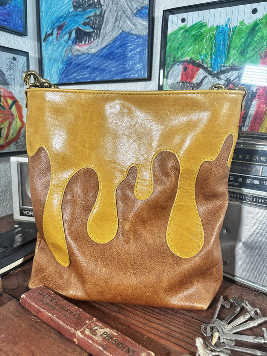 Handmade Brown Honey Mustard Drips Leather Crossbody Bag