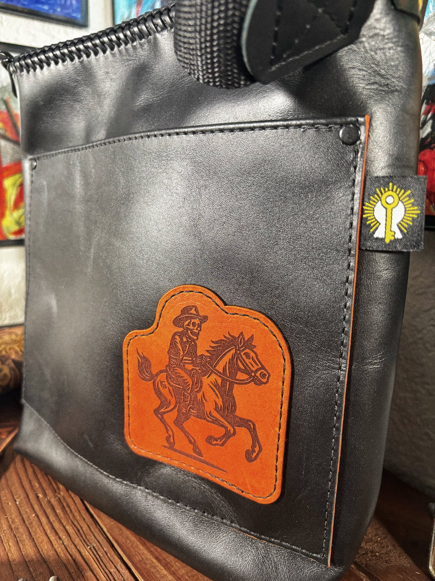 Handmade Black LOST Skeleton Rider Leather Crossbody Bag