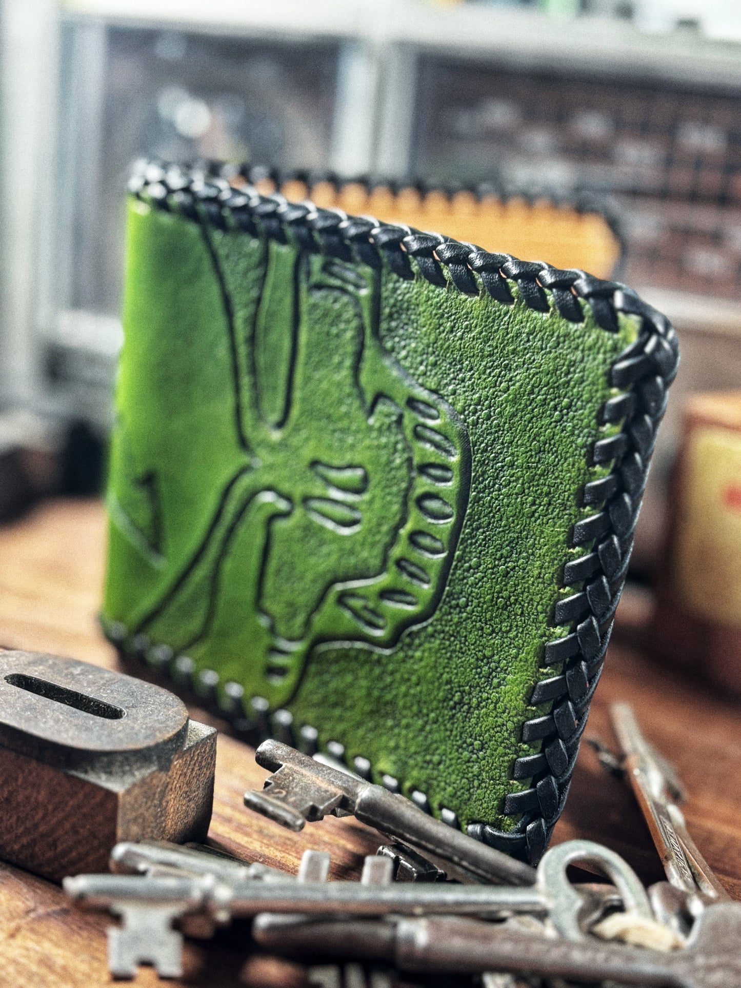 Hand Tooled Green Leather Laced Stealie Bifold Wallet