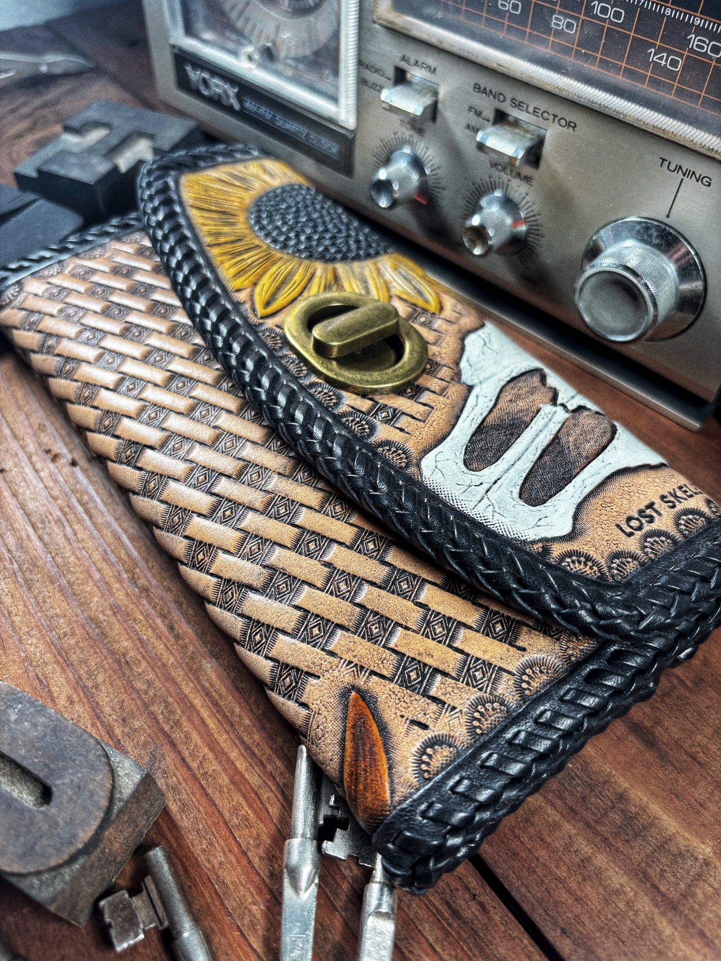 Sunflower Buffalo Skull Hand Tooled Leather Wallet