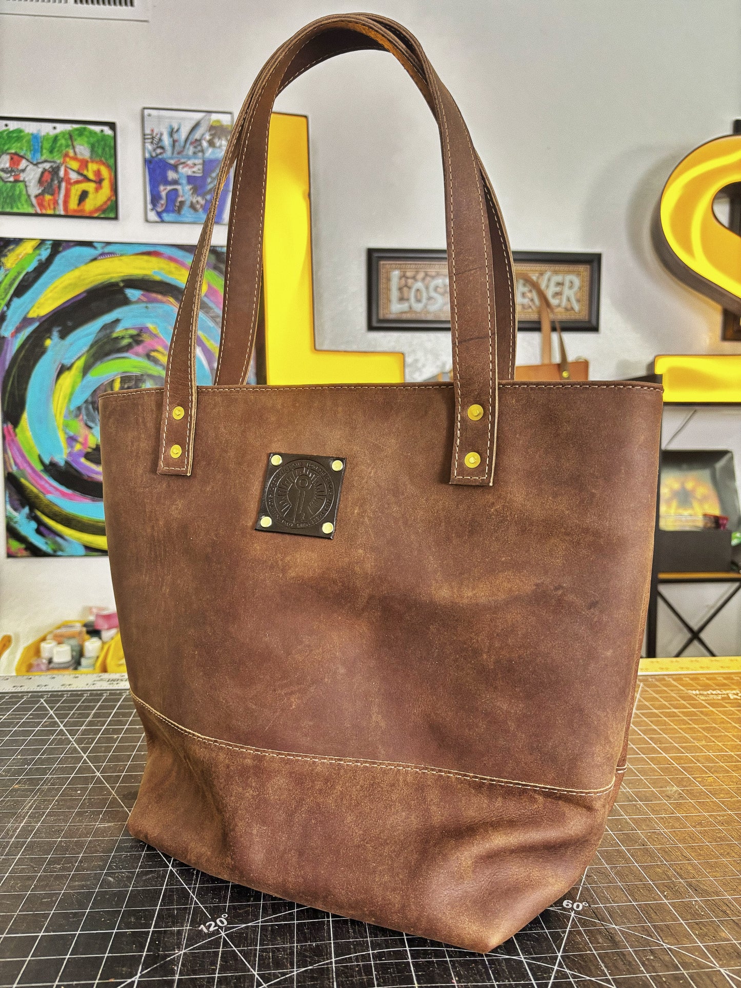 Nile Crocodile Inlayed Brown Full Grain Leather Tote Bag