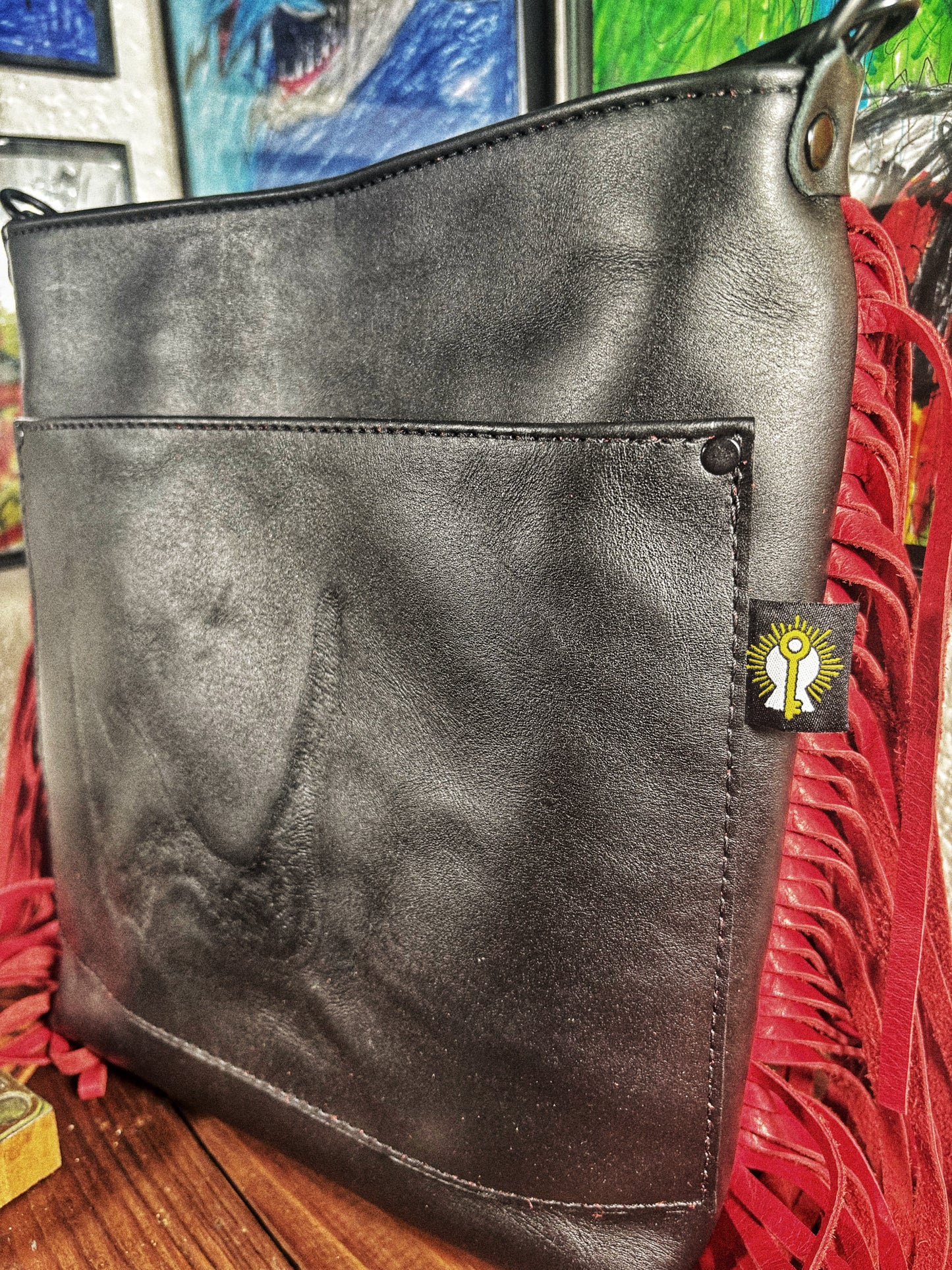 Handmade Black W Branded Leather Crossbody Bag