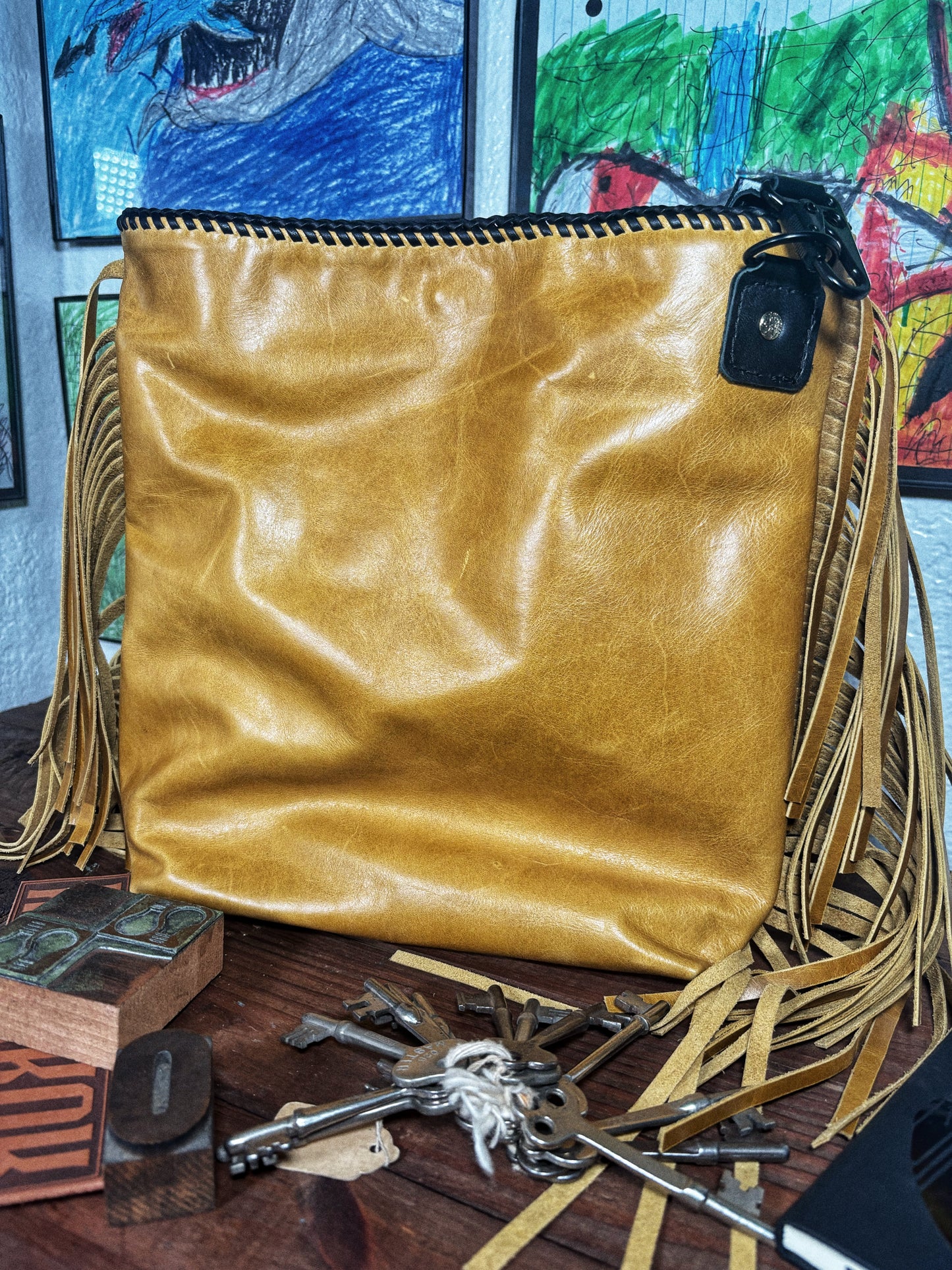 Handmade Yellow & Black Leather Crossbody Bag