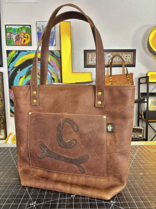 C Bone Branded Brown Full Grain Leather Tote Bag
