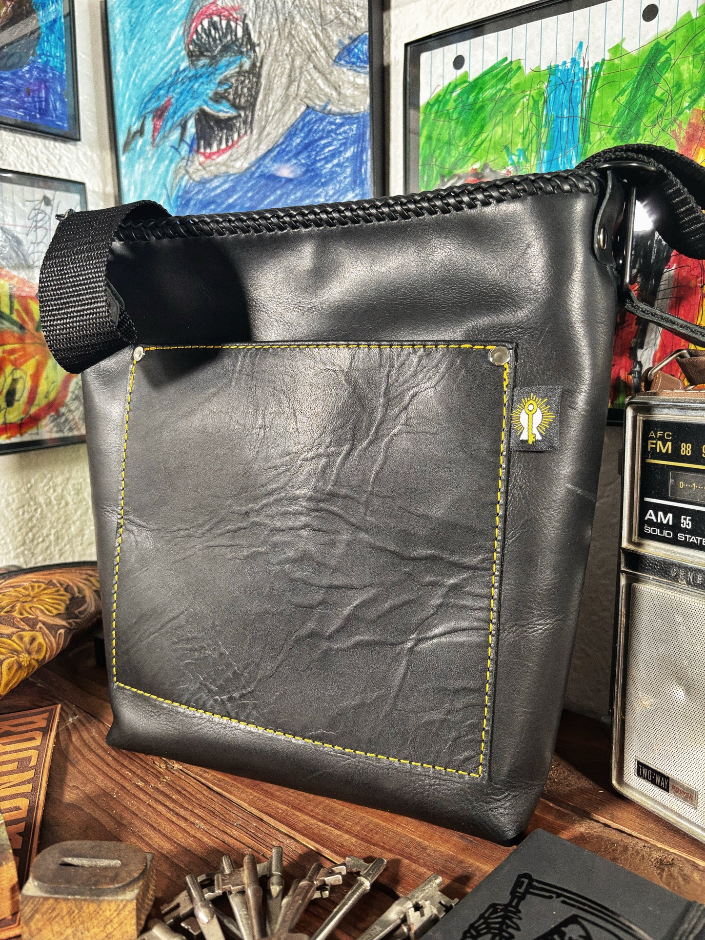 Handmade Black Spider Web Leather Crossbody Bag