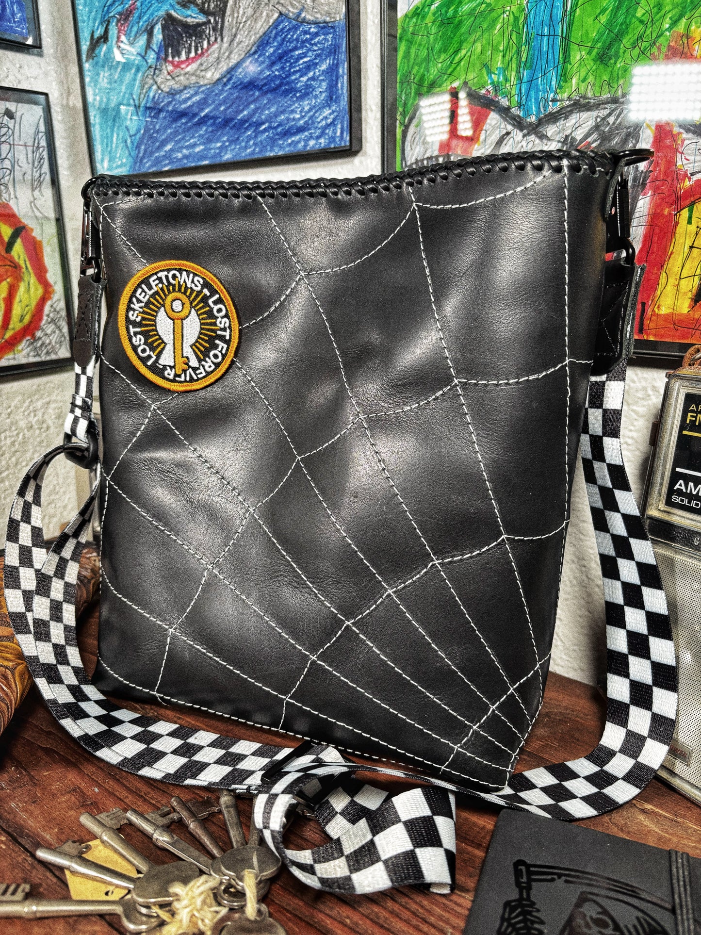 Handmade Black Spider Web Leather Crossbody Bag