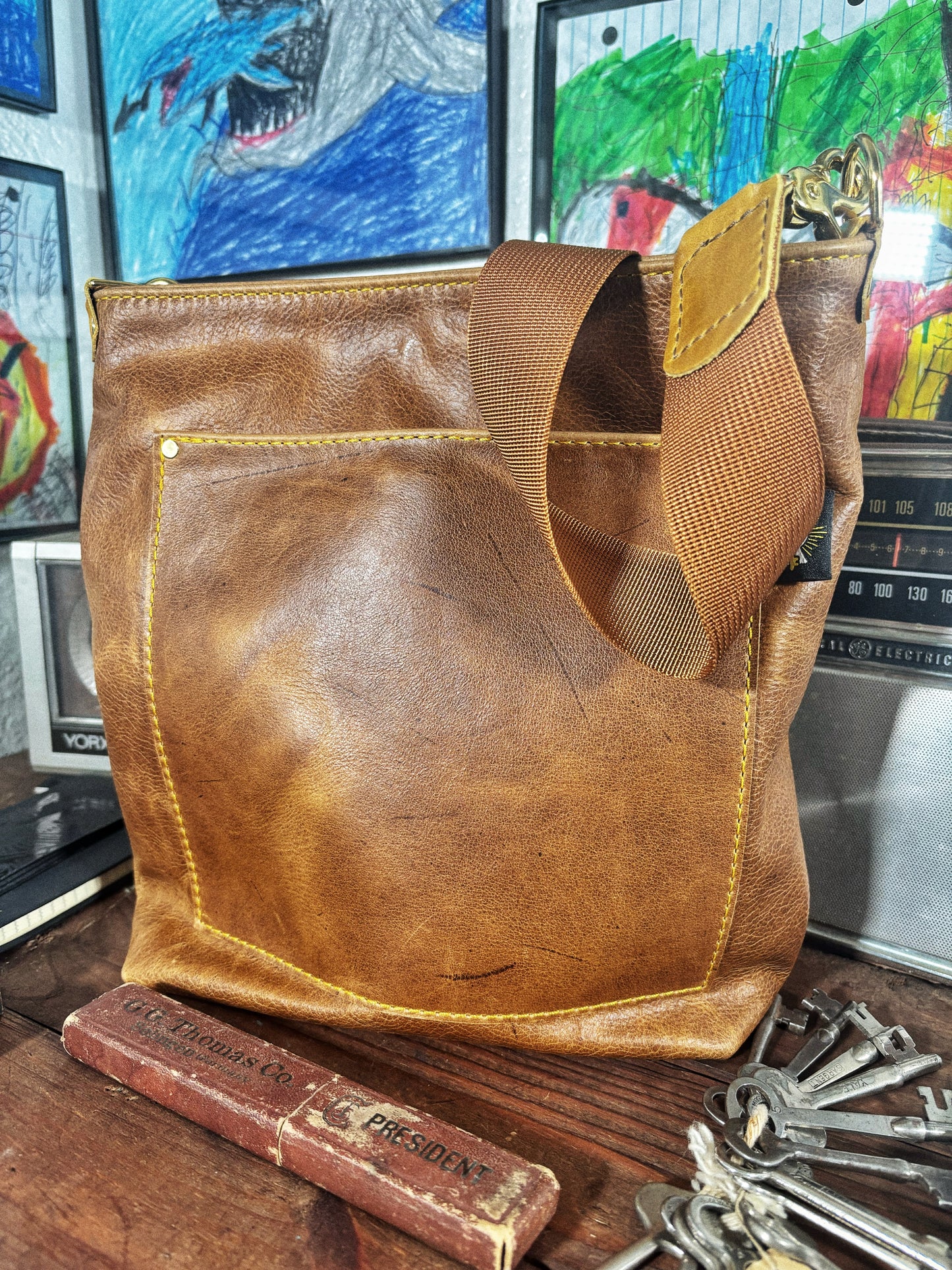 Handmade Brown Honey Mustard Drips Leather Crossbody Bag