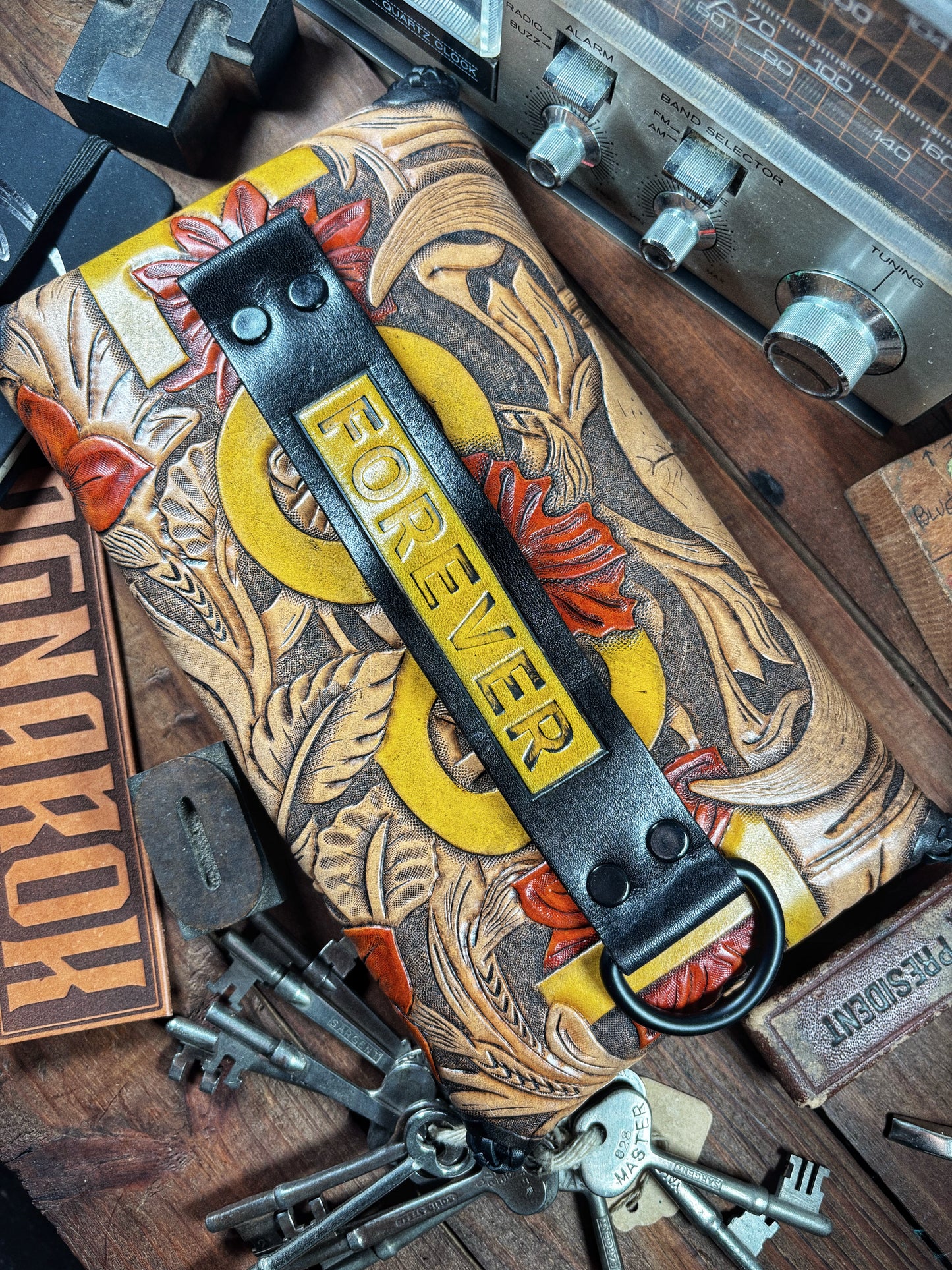 LOST Buffalo Skull Hand Tooled Leather Envelope Clutch