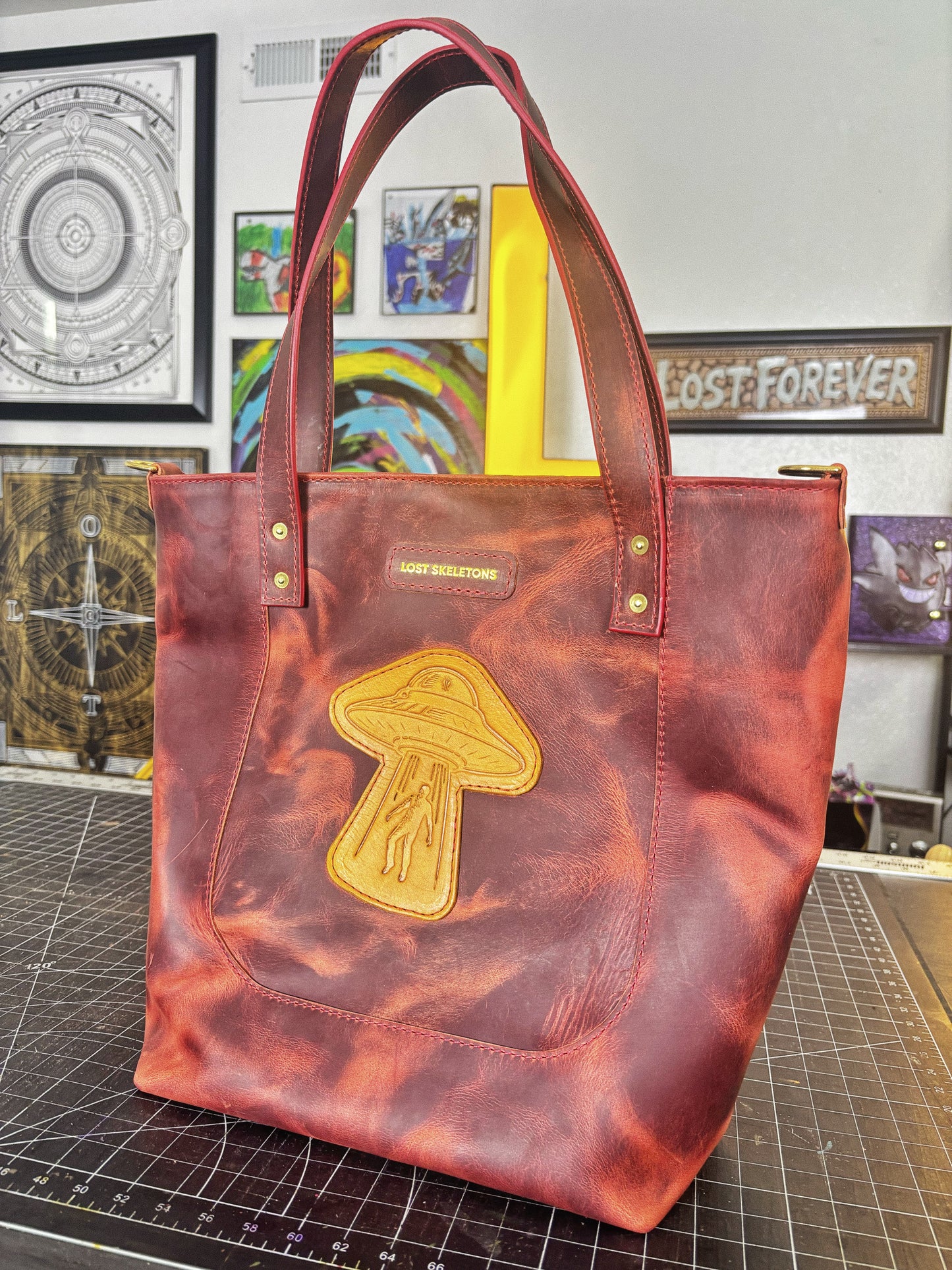 Abducted Handmade Red Full Grain Leather Tote Bag