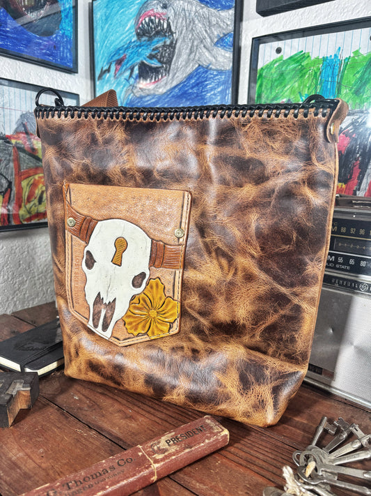 Handmade Brown Tooled Buffalo Leather Crossbody Bag