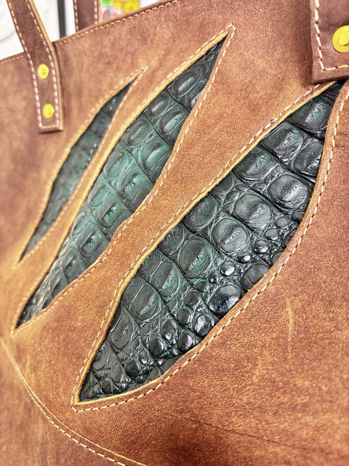 Nile Crocodile Inlayed Brown Full Grain Leather Tote Bag