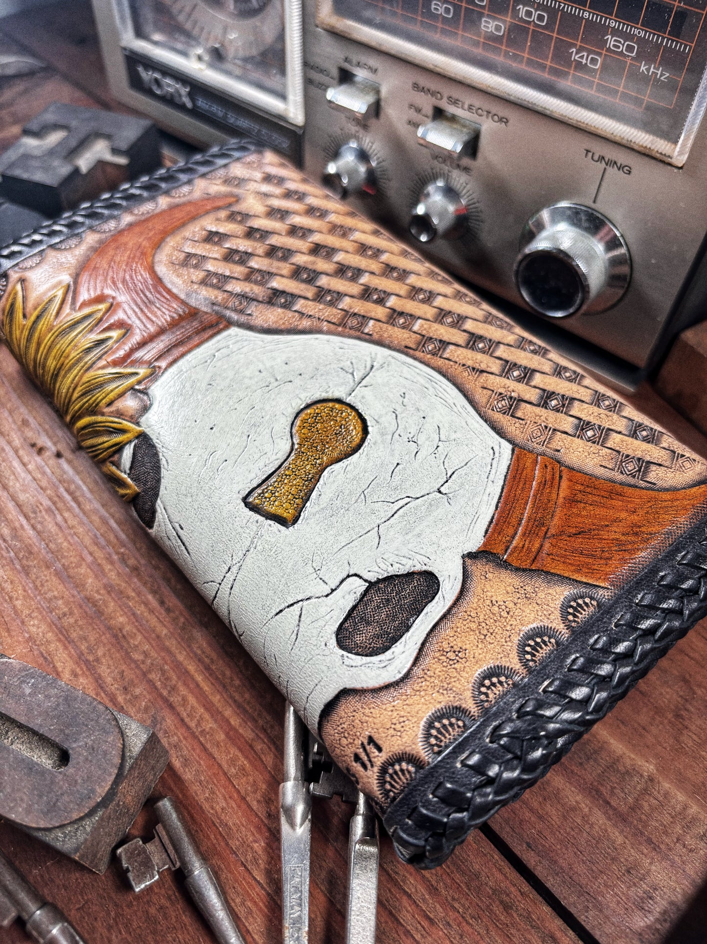 Sunflower Buffalo Skull Hand Tooled Leather Wallet
