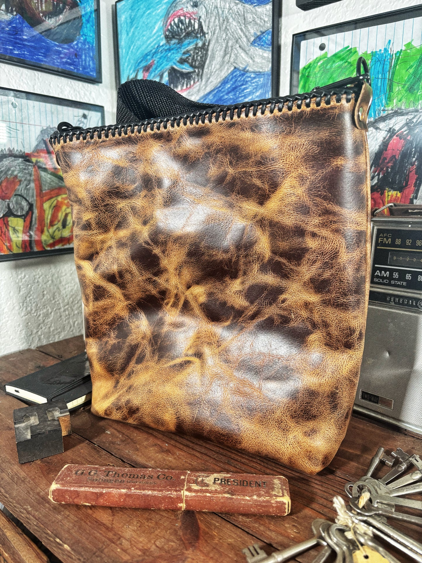 Handmade Brown Tooled Buffalo Leather Crossbody Bag