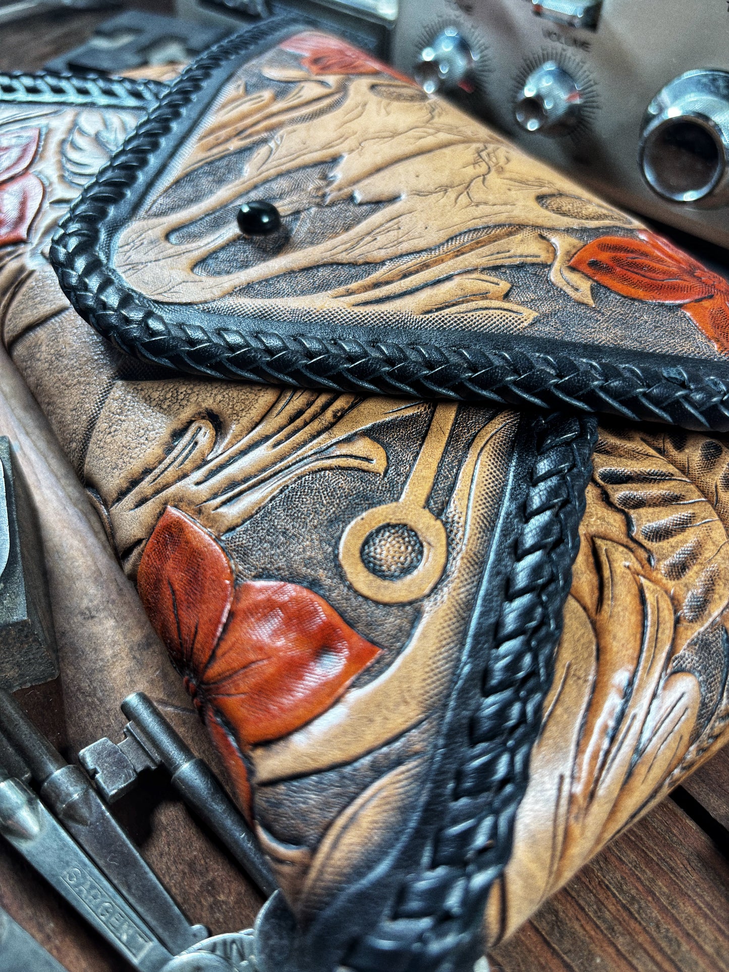 LOST Buffalo Skull Hand Tooled Leather Envelope Clutch