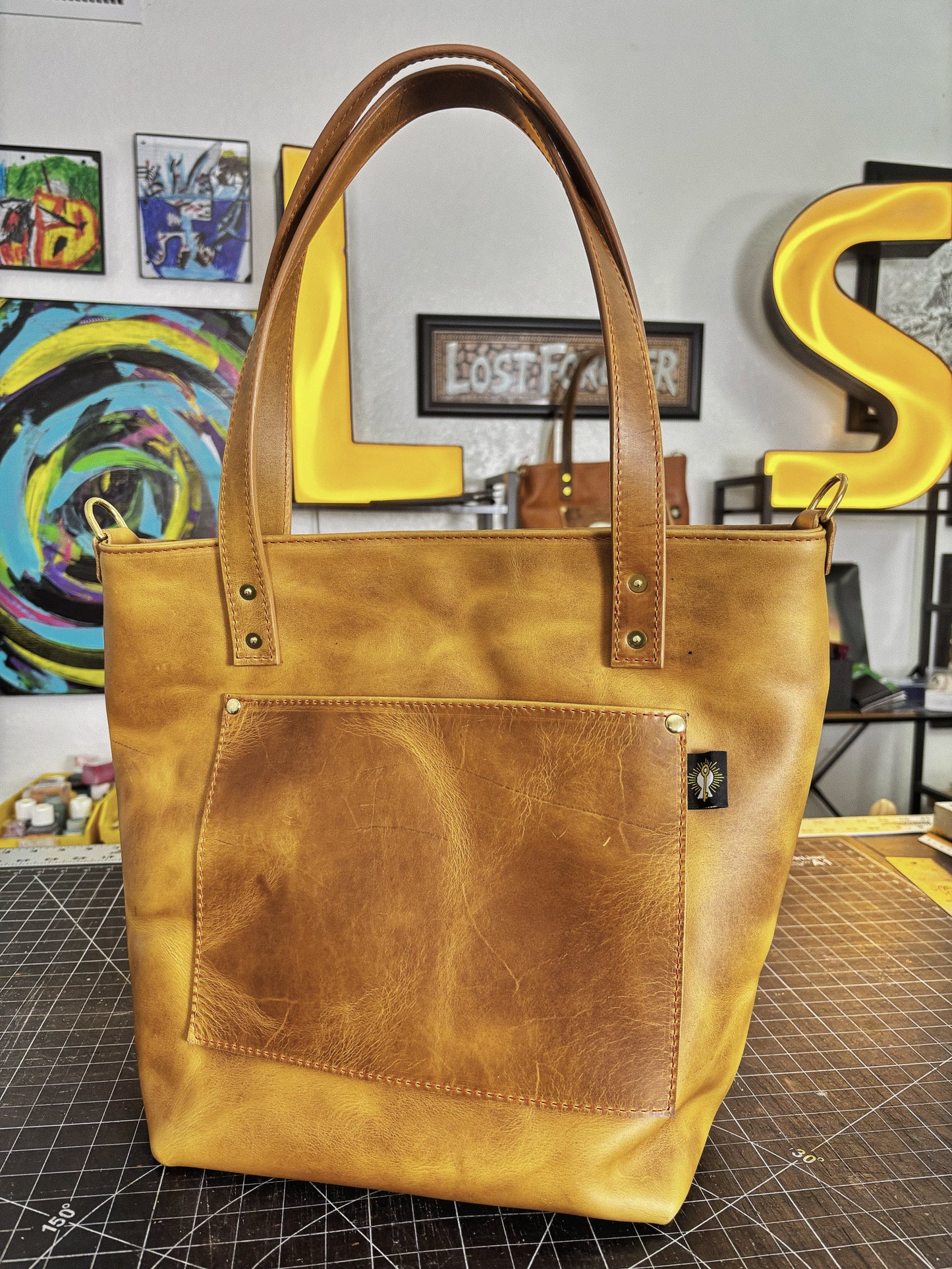 Elephant Inlayed Brown Full Grain Leather Tote Bag