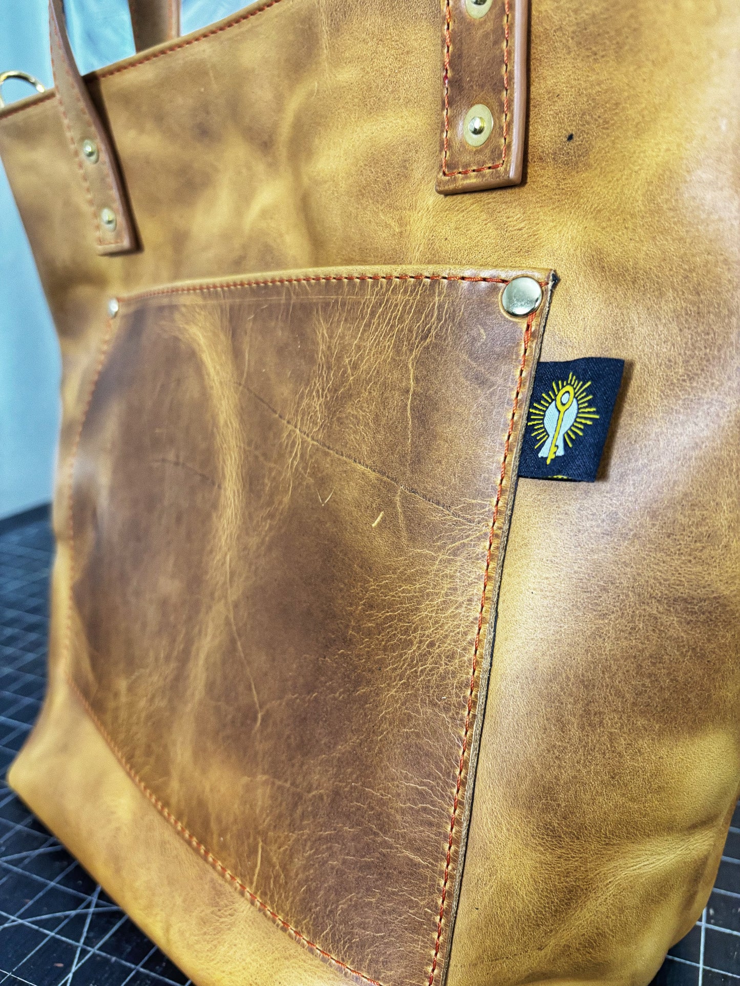 Elephant Inlayed Brown Full Grain Leather Tote Bag