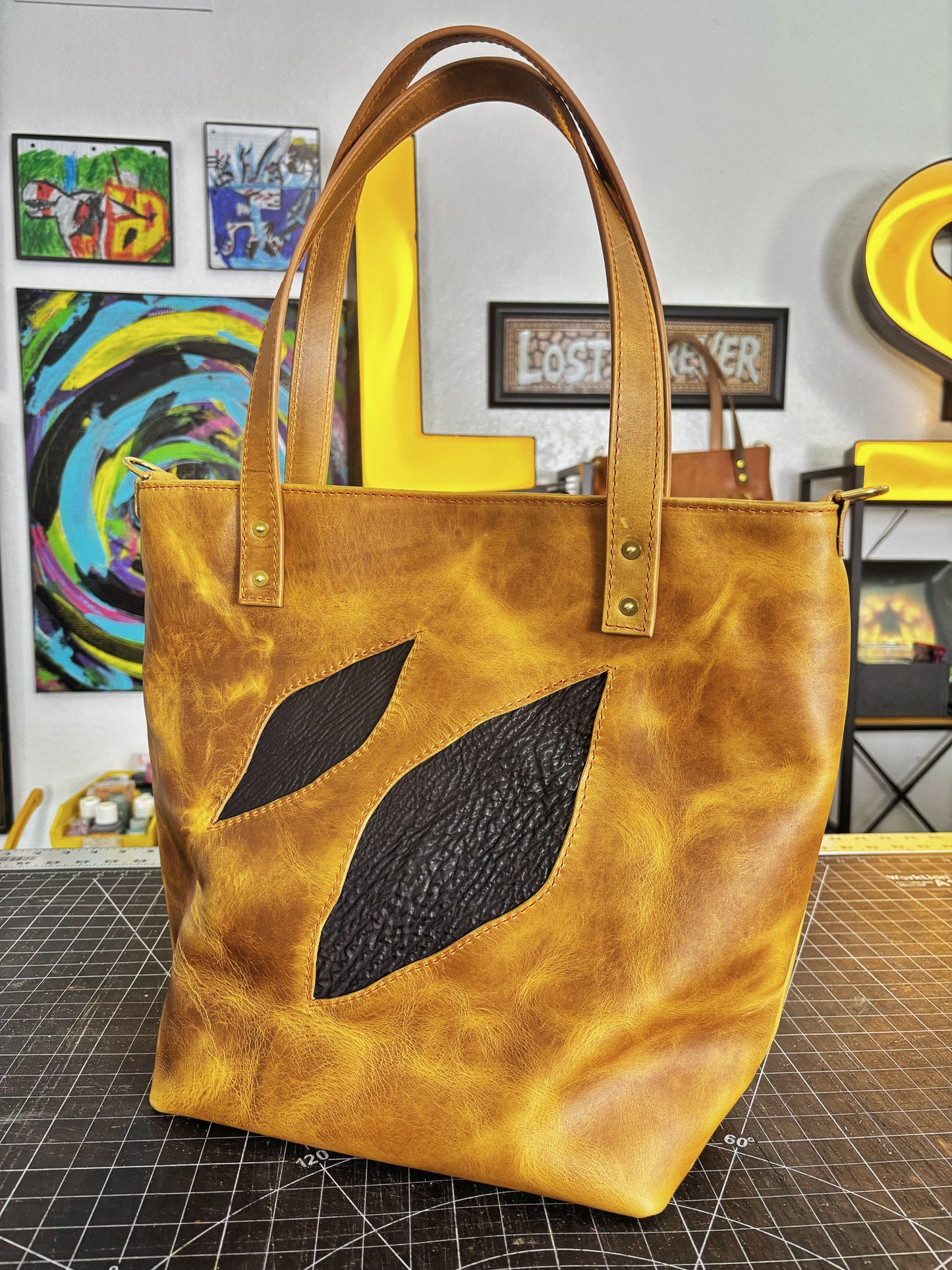 Shark Inlayed Brown Full Grain Leather Tote Bag