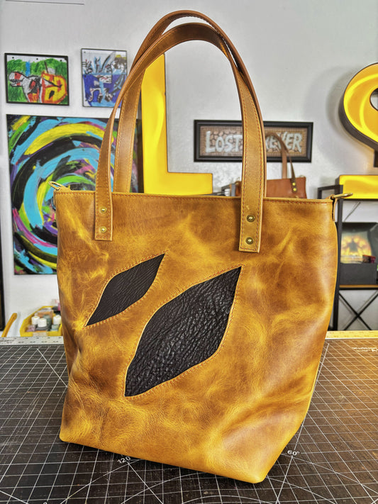 Shark Inlayed Brown Full Grain Leather Tote Bag