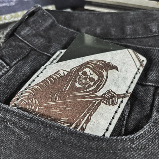 Ghost Reaper Engraved Hand Made Leather Minimalist Wallet