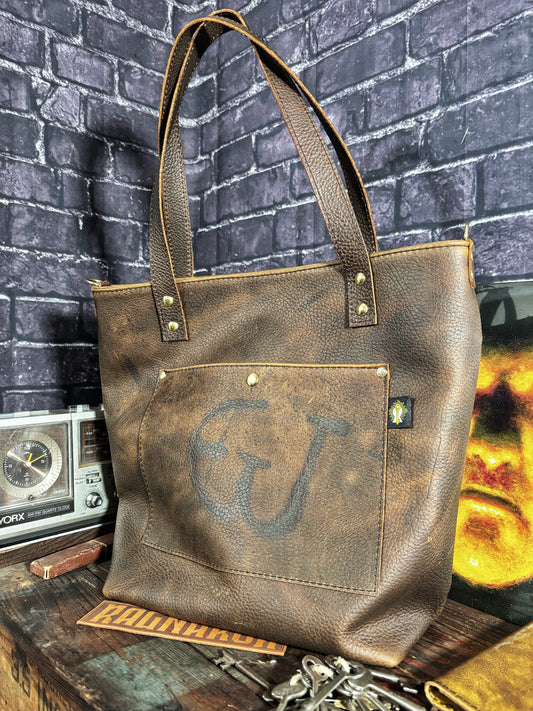EJ Branded Brown Pebbled Handmade Leather Tote Bag