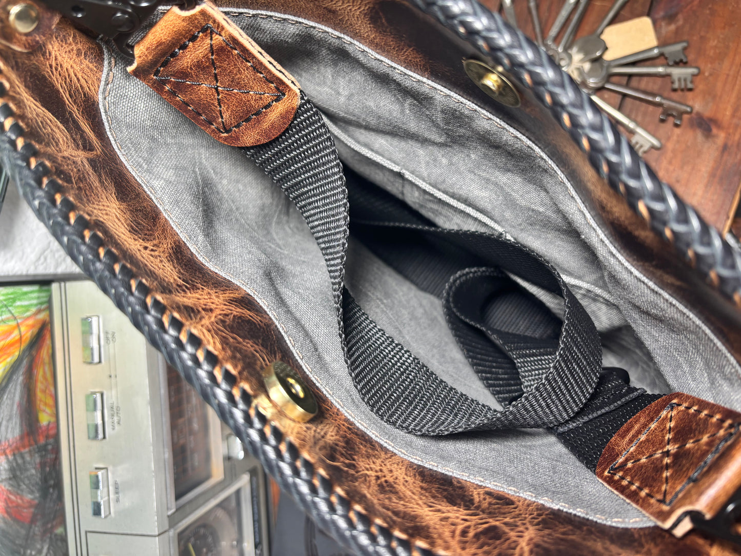 Handmade Brown Tooled Buffalo Leather Crossbody Bag