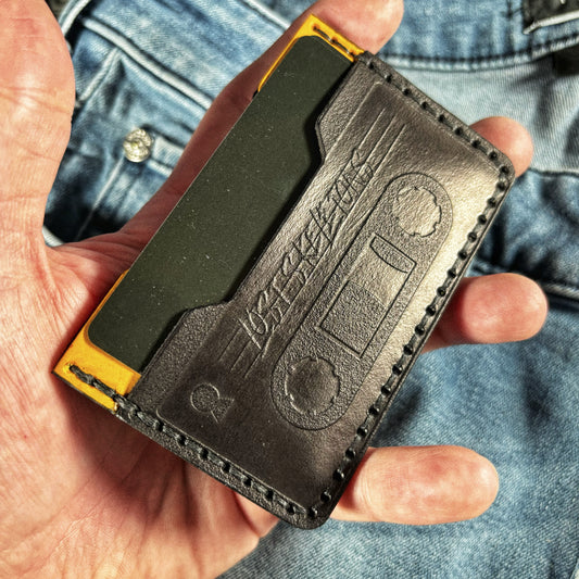 Cassette Tape Embossed Black and Yellow Hand Made Leather Horizontal Minimalist Wallet