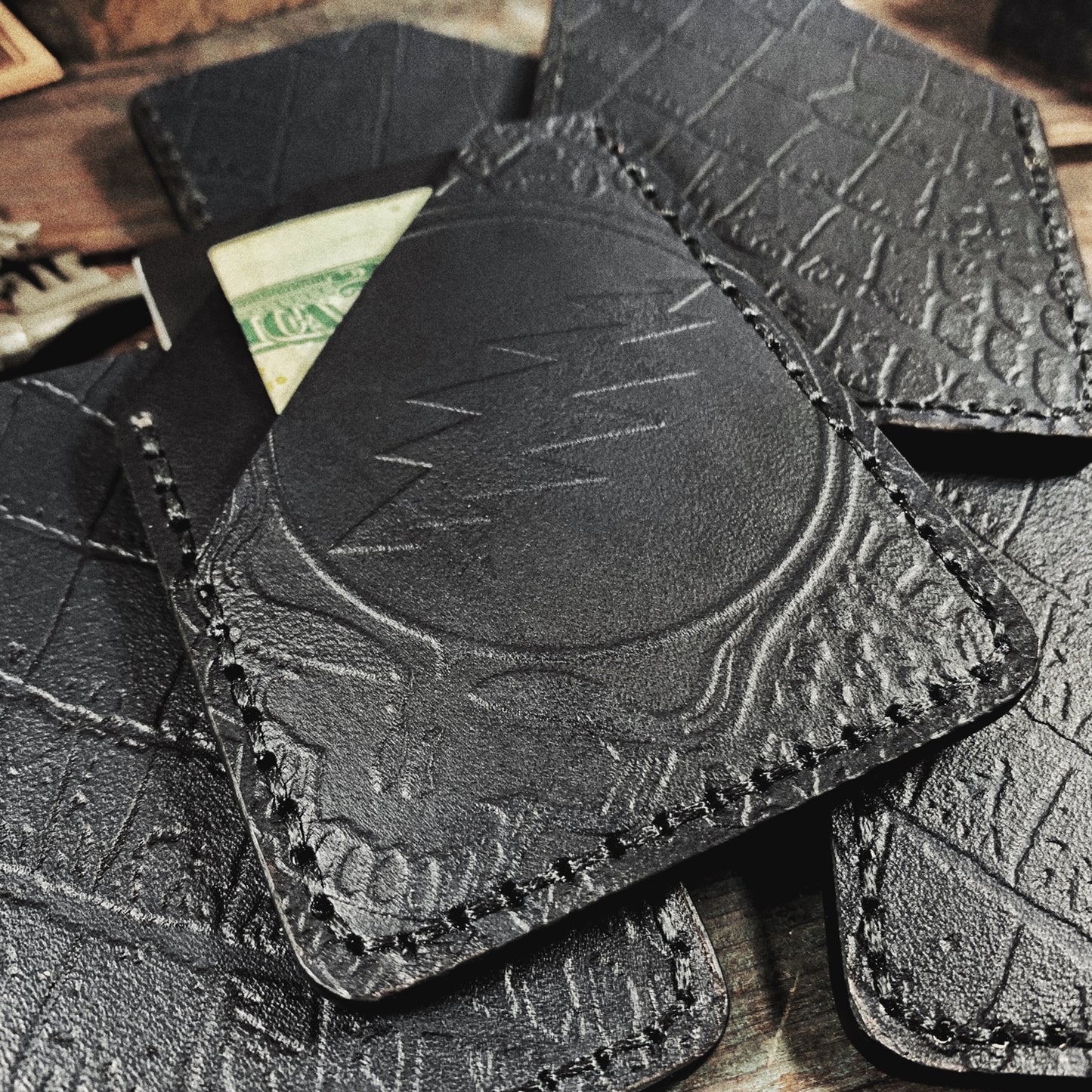 Grateful Dead Croco Stealie Embossed Hand Made Black Leather Minimalist Wallet
