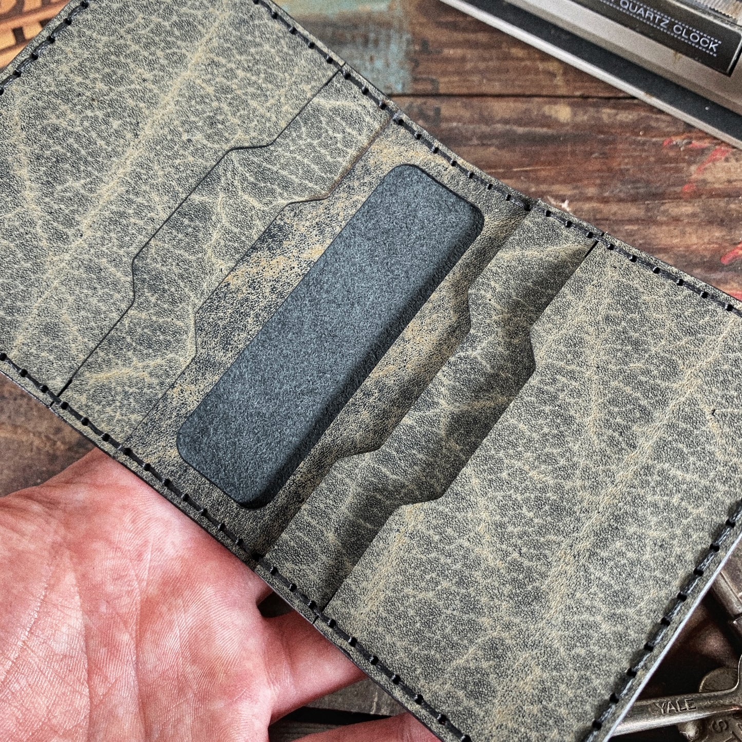 (Only 1)6 Pocket Grateful Dead Stealie Engraved Hand Made Grey Leather Bifold Minimalist Wallet