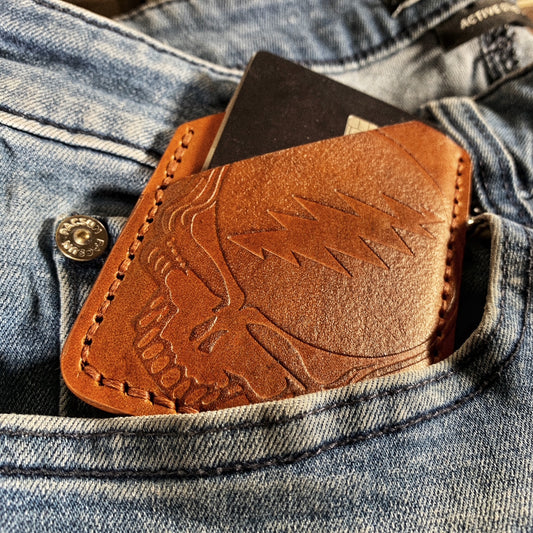 Grateful Dead Embossed Hand Made Honey Brown Leather Minimalist Wallet