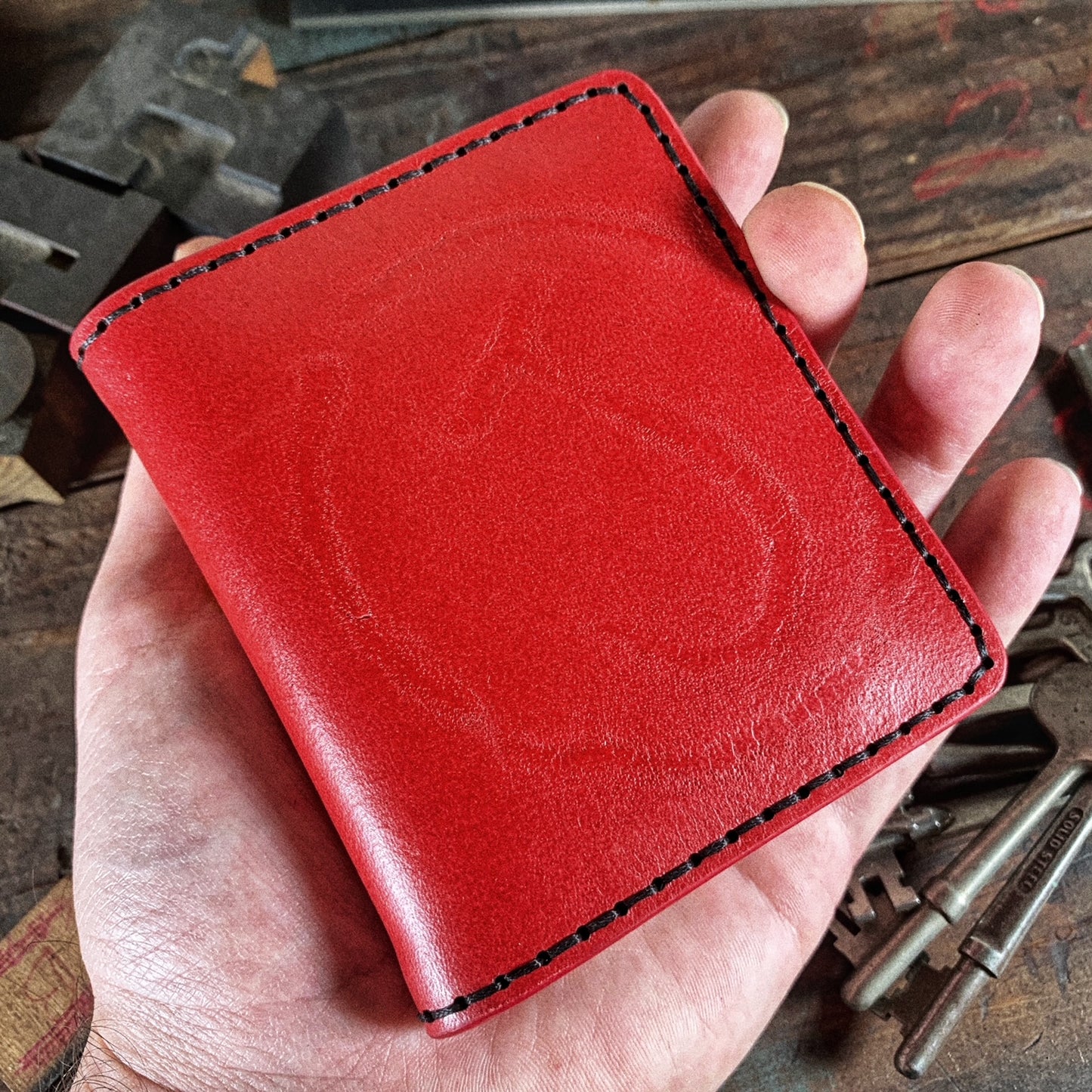 (Only 1) Handmade 6 Pocket Circle J Branded Red Leather Bifold Minimalist Wallet