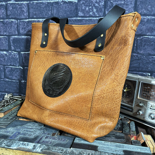 Handmade One of a Kind Grateful Dead Full Grain Brown Leather Tote Bag