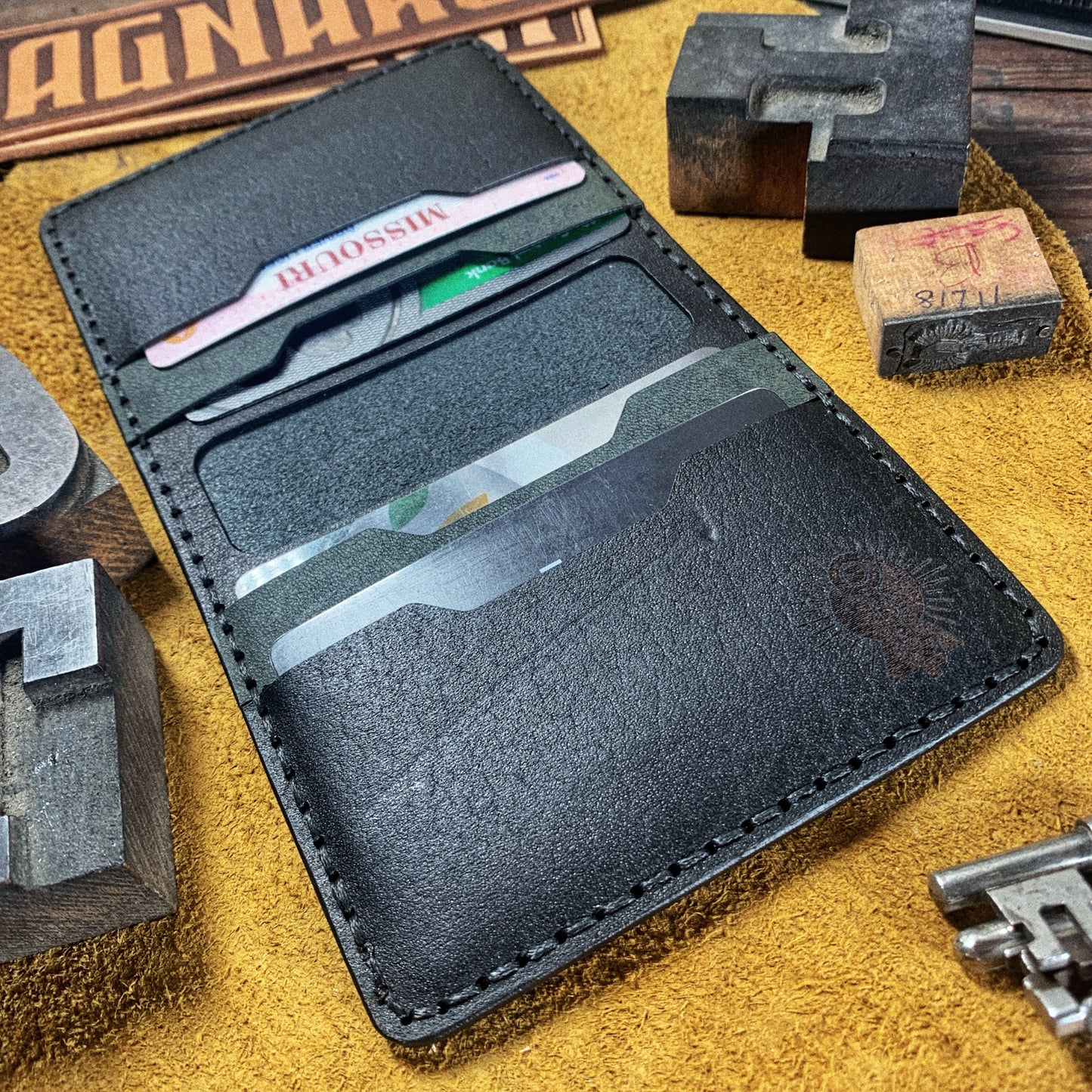 (Only 1) Handmade 6 Pocket Grateful Dead Burgundy/Copper Leather Bifold Minimalist Wallet