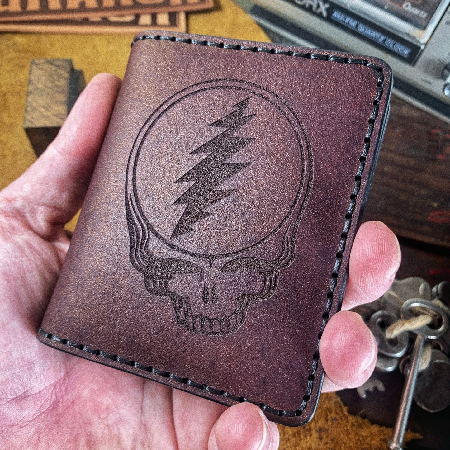 (Only 1) Handmade 6 Pocket Grateful Dead Burgundy/Copper Leather Bifold Minimalist Wallet