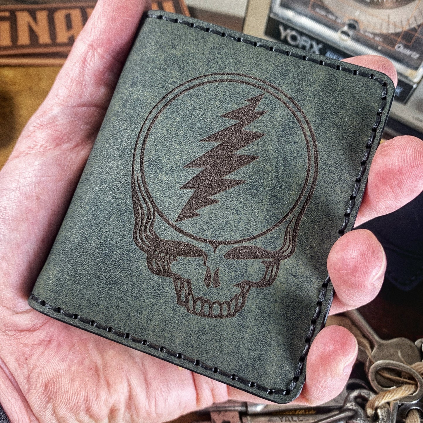 (Only 1) Handmade 6 Pocket Grateful Dead Grey Leather Bifold Minimalist Wallet