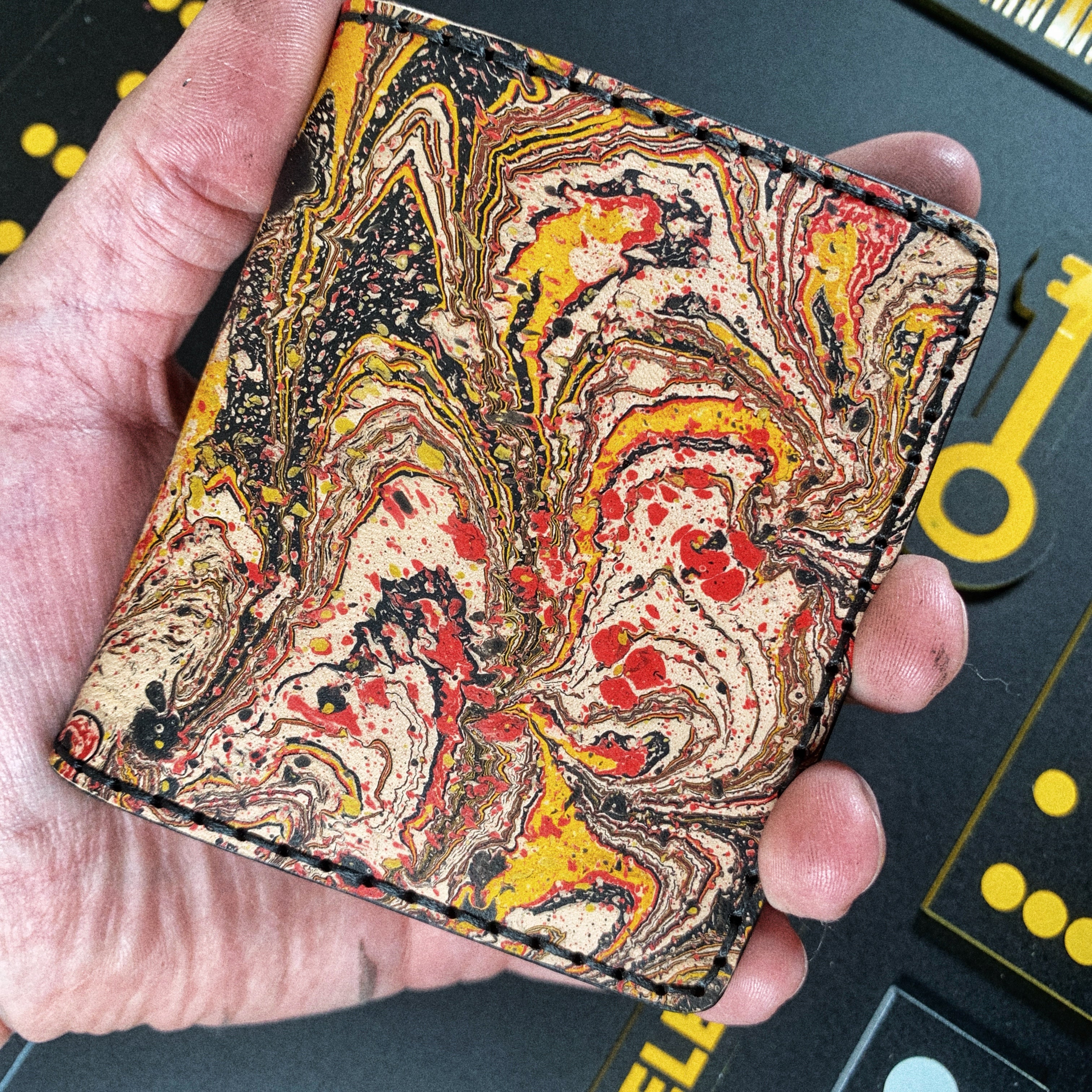 Handmade 6 Pocket Black/Yellow/Red Marbled Leather Bifold Minimalist W ...