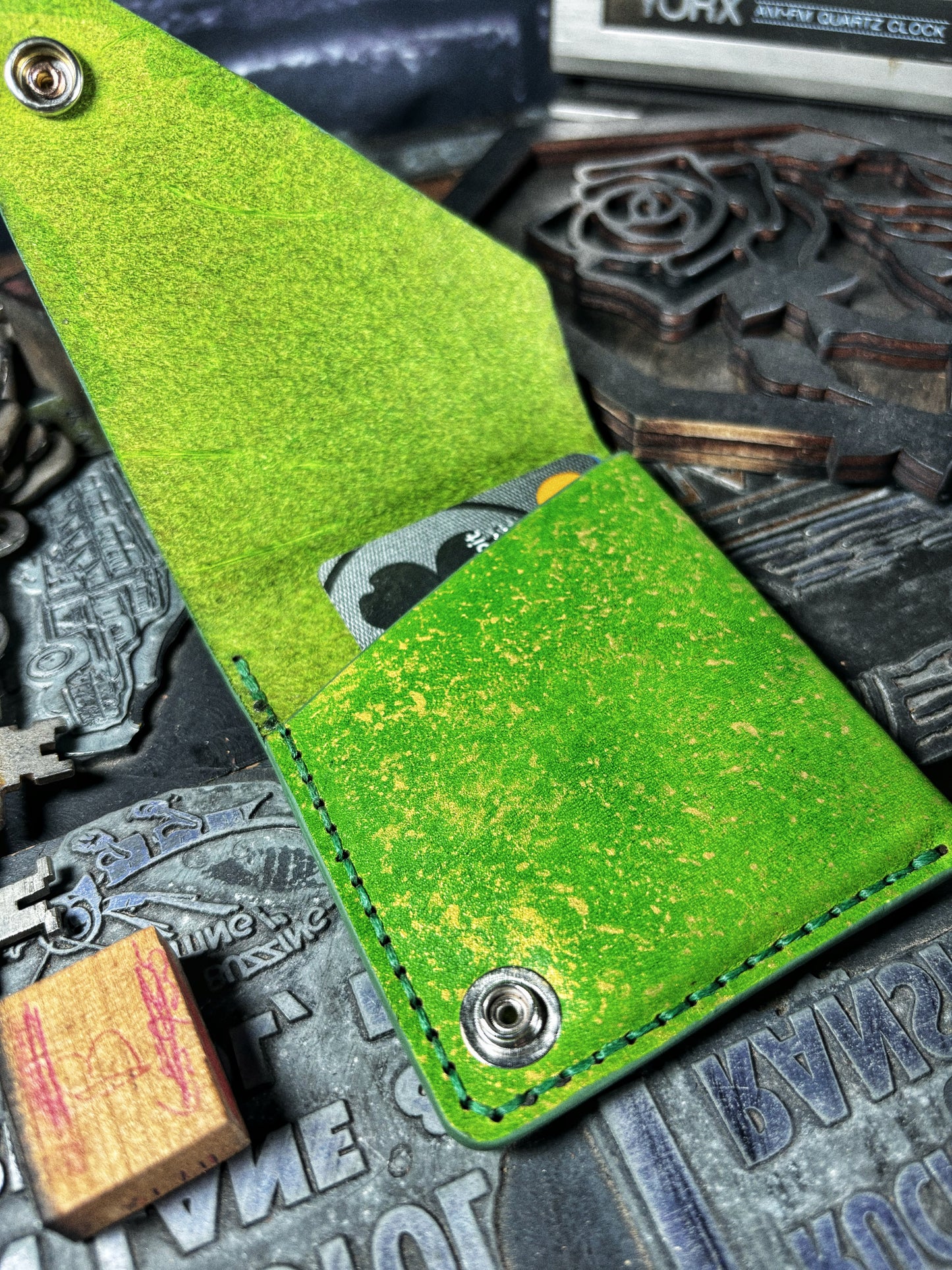 Metallic Green T Rex Dinosaur Embossed Hand Made Leather Minimalist Wallet