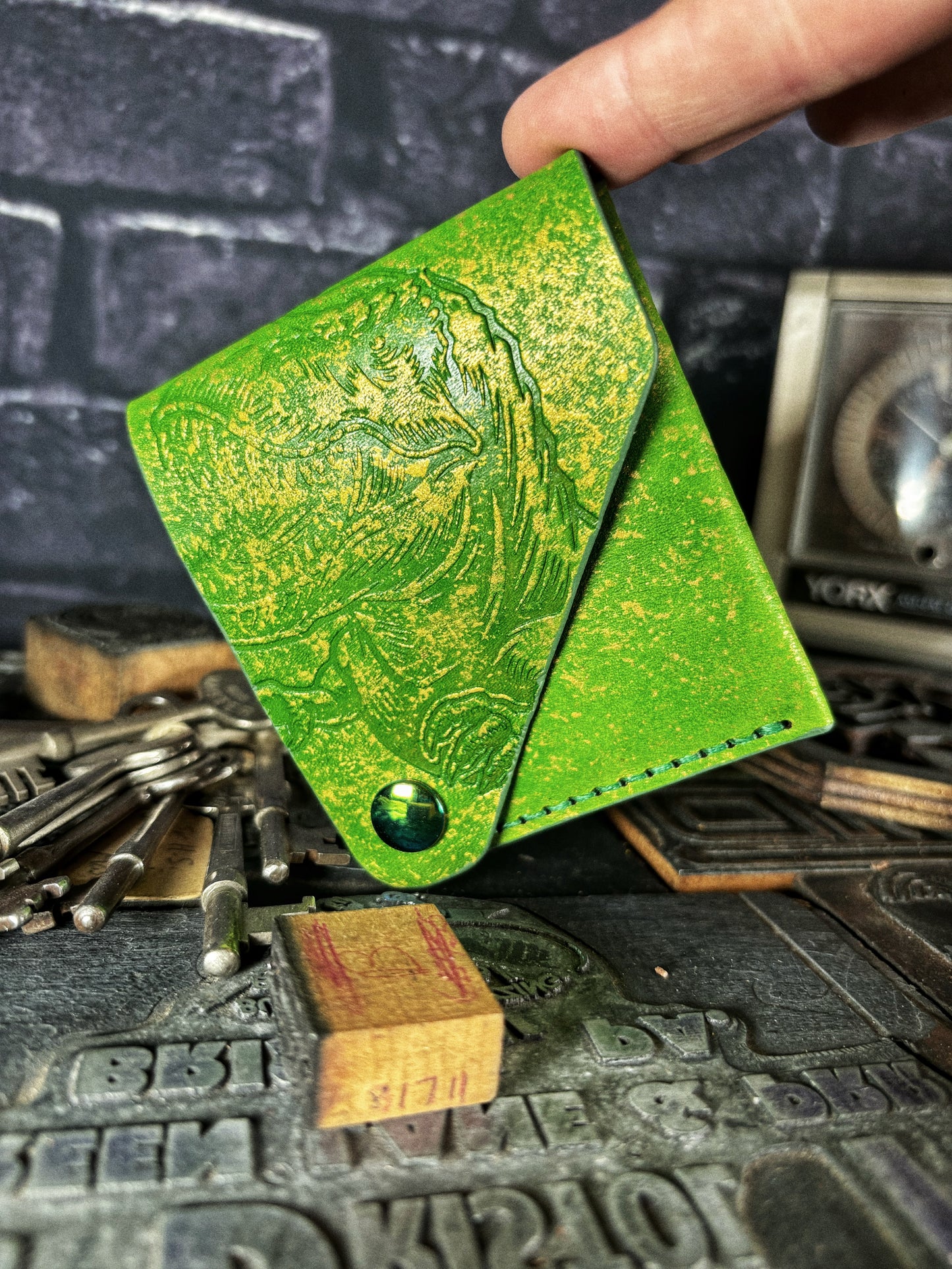 Metallic Green T Rex Dinosaur Embossed Hand Made Leather Minimalist Wallet