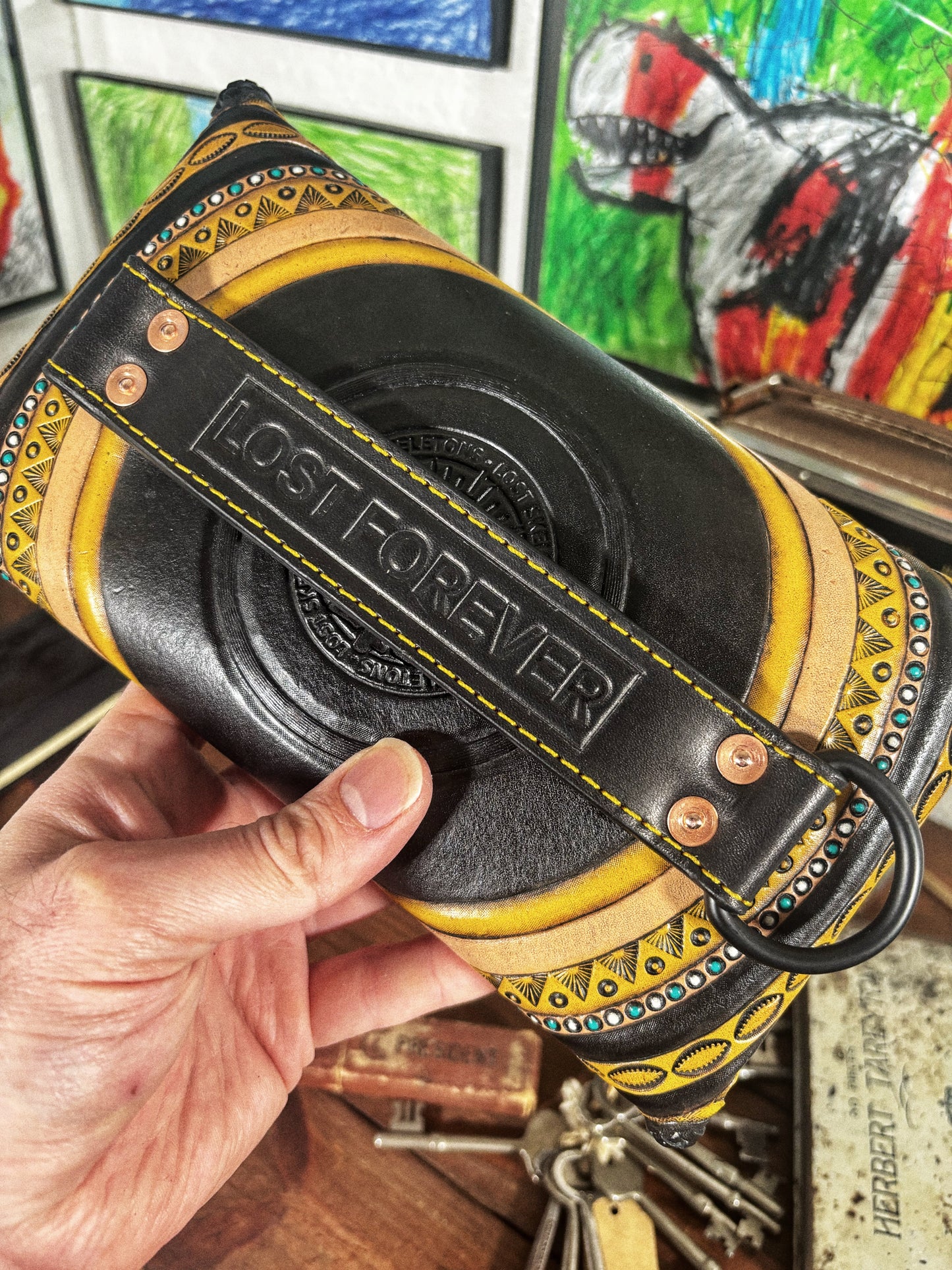 LOST Circles Black Handmade Leather Envelope Clutch