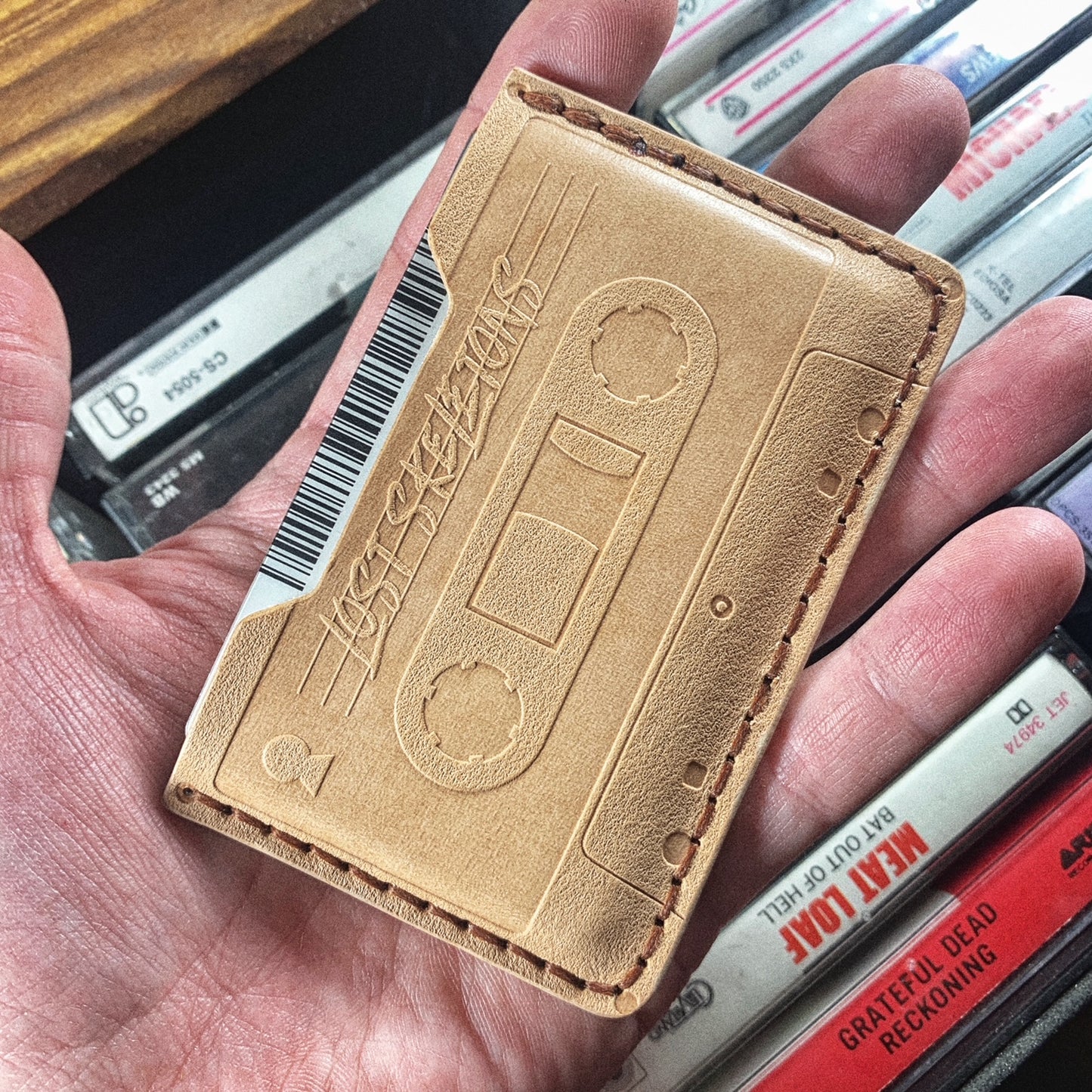 Cassette Tape Embossed Hand Made Leather Horizontal Minimalist Wallet