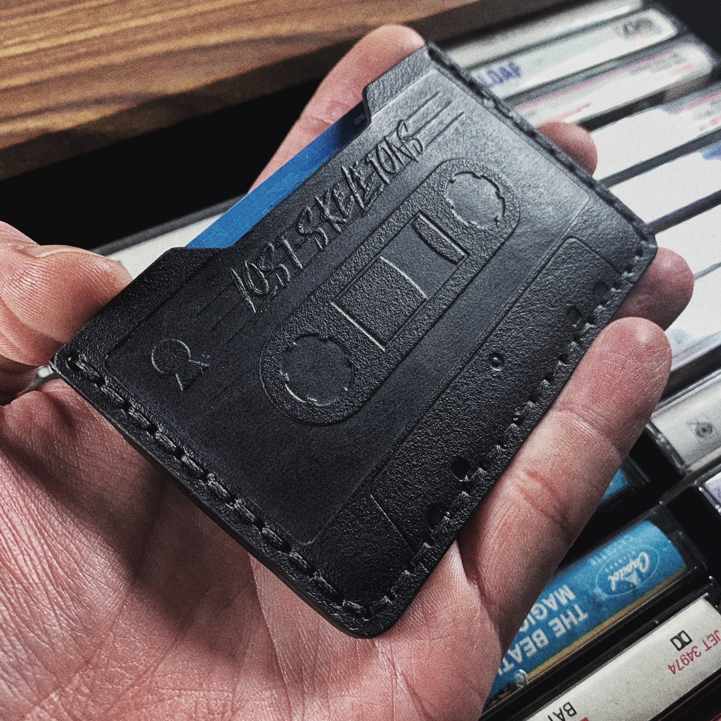 Cassette Tape Embossed Black Hand Made Leather Horizontal Minimalist Wallet